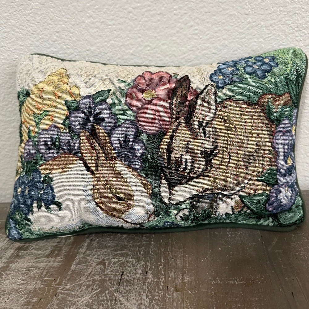 Vintage Bunny Rabbit Floral Tapestry Small Pillow Cottagecore Spring‎ Easter